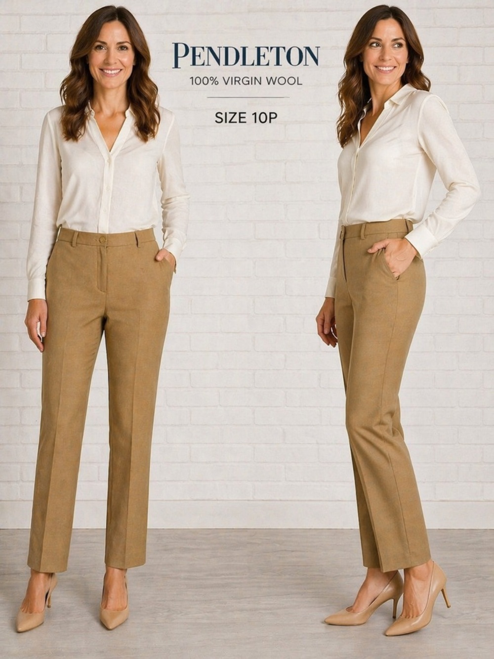 Pendleton 100% Virgin Wool Pants Petite 10 Tan Straight Leg Dress Pants USA